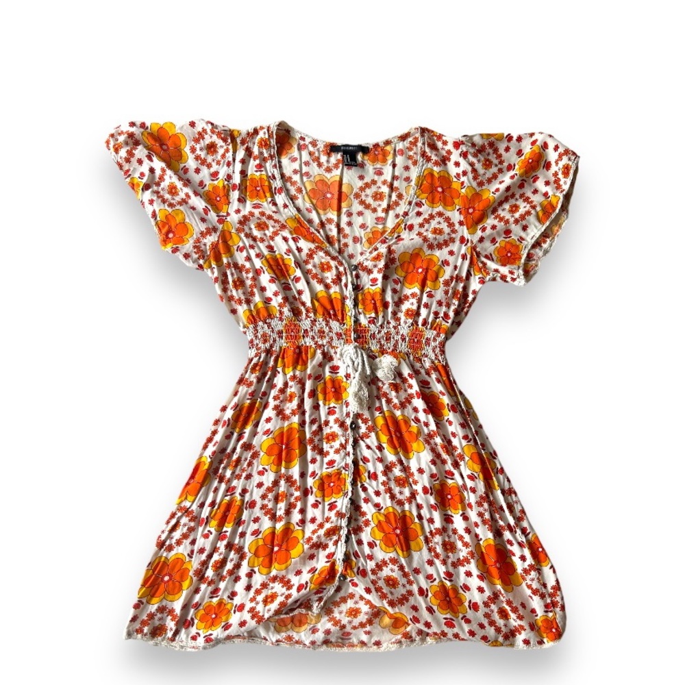 Forever 21 orange flower elastic waist dress, M